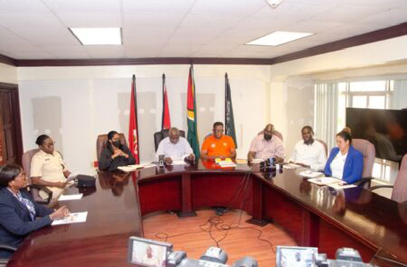 Home Affairs Minister, Robeson Benn (centre) along with Permanent Secretary, Ministry of Home Affairs, Mae Toussaint-Thomas Jnr; Manager of Traffic/Safety/Maintenance at the Ministry of Public Works, Kester Hinds; Coordinator of the Guyana Road Safety Council, Ramona Doorgen; along with representatives of the Guyana Police Force and Ministry of Education (DPI photo)