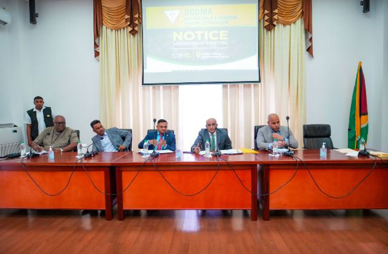 Vice President, Dr. Bharrat Jagdeo, and Minister of Natural Resources, Vickram Bharrat, seated at the head table with officials of GGMC and GGDMA during a meeting at the Arthur Chung Conference Centre