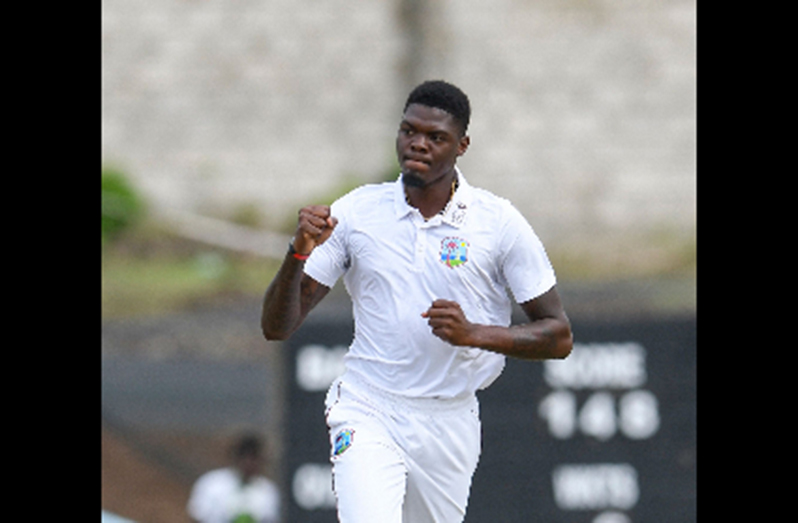 Fast bowler Alzarri Joseph celebrates a wicket on the fourth day of the second Test against Bangladesh on Monday. (Photo courtesy of CWI Media)