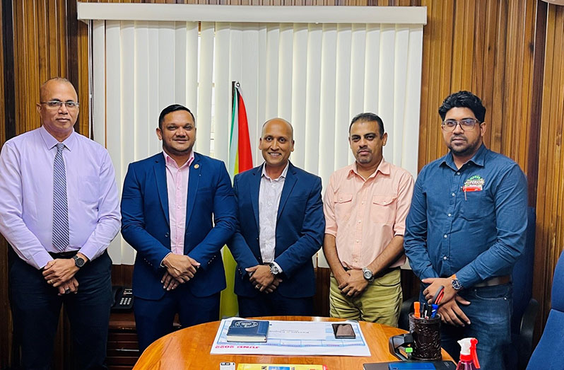 From left are: GMSA Executive Director Nizam Hassan; Minister of Natural Resources Vickram Bharrat; GMSA President Rafeek Khan; GMSA Board Member Mohindra Chand; and Chairman of Extractive Industries Denish Bisessar following the meeting (GMSA photo)