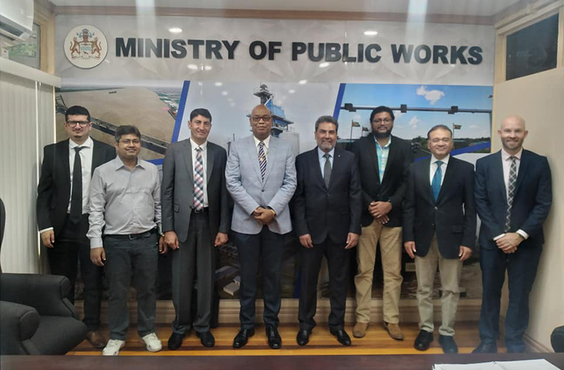 Members of the IsDB Mission with Minister of Public Works Juan Edghill (fourth left) and the Ministry’s Permanent Secretary, Vladim Persaud (third right) (Ministry of Public Works photo)