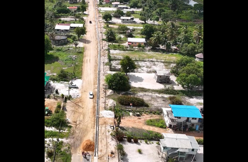 An aerial view of the road which is under construction at Lima Sands