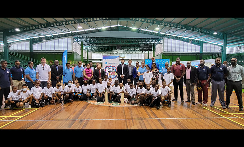 Minsters Priya Manickchand and Charles Ramson Jr. are flanked by pupils and others along with officials at the launch on Tuesday
Organisers, sponsors, members and executives of the GCB, Ministers Priya Manickchand and Charles Ramson Jr,s, students and their coaches pose at Tuesday's `Five for Fun’ schools cricket launch (Adrian Narine photos)