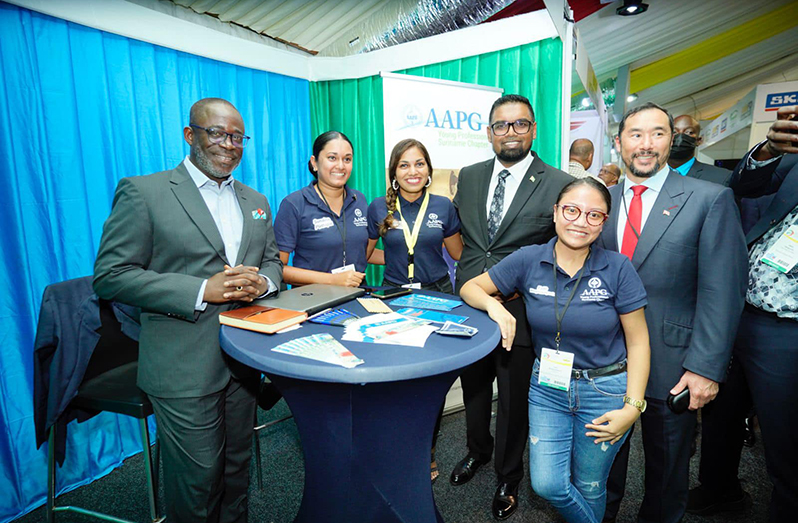 President, Dr. Irfaan Ali at one of the booths at the oil-and-gas exhibition in neighbouring Suriname