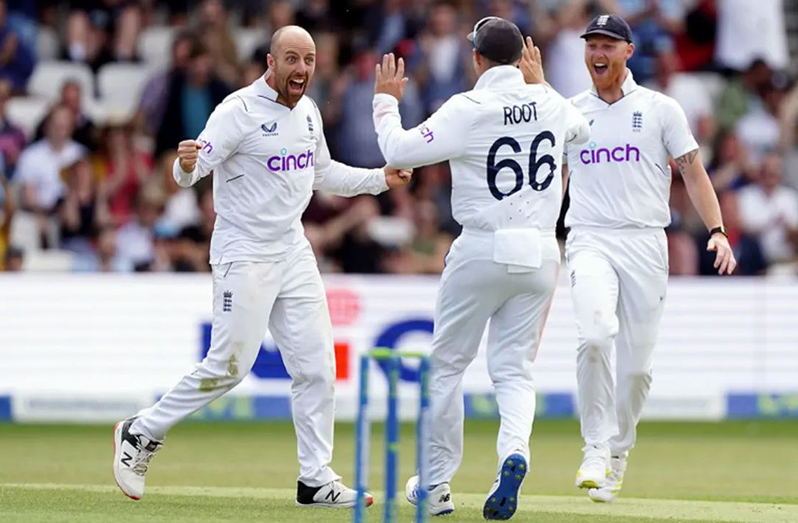 Jack Leach celebrates taking the wicket of Michael Bracewell (PA Images via Getty Images)