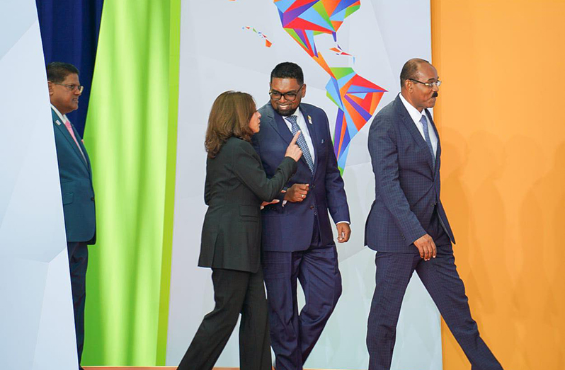 President, Dr Irfaan Ali and US Vice President, Kamala Harris share a moment at the IX Summit of the Americas held in June in Los Angeles, California