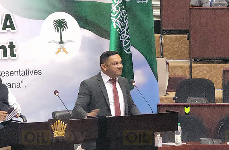 Minister of Natural Resources Vickram Bharrat speaking at a forum held on Saturday, June 9, 2022, in Georgetown, Guyana, for a visiting delegation of investors from Saudi Arabia. (Photo credit: OilNOW)