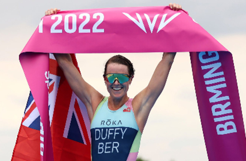 Bermudian Flora Duffy celebrates after repeating as Commonwealth Games champion