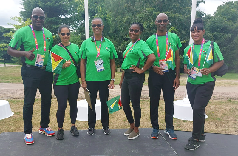 Guyana's representatives at the welcome ceremony in the Athletes Village. : (L-R), Rawle Toney (Press Attaché), Jada Edghill (Physiotherapist), Dr Karen Pilgrim AA (Chef-de-Mission), Nalini McKoy (General team Manager),  Coach Garfield Wiltshire (Squash) and Vanesa Wickham (Physiotherapist) represented Guyana at the welcome party for countries in the Athletes Village.
