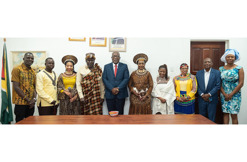 Prime Minister, Brigadier (ret’d), Mark Phillips with Guyana Reparations Committee Chairman, Dr Eric Phillips and a visiting African Royal Delegation from South Africa and the Kingdom of Lesotho (Office of the Prime Minister photo)