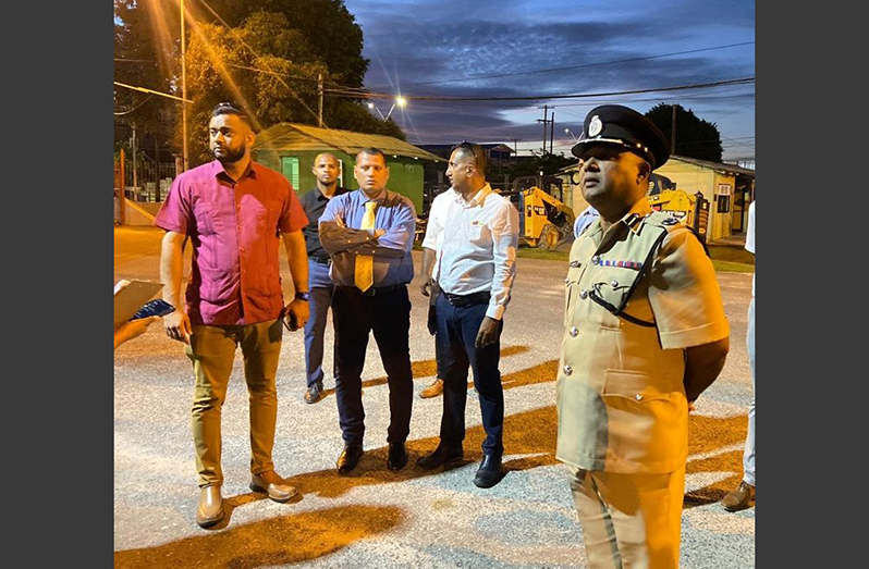 Deputy Commissioner Operations (ag), Ravindradat Budhram (at right), with Minister of Housing and Water, Collin Croal (second from left) and Permanent Secretary of the Ministry of Housing and Water, Andre Ally (extreme left), during the walk-through of the Building Expo venue at the Guyana National Stadium