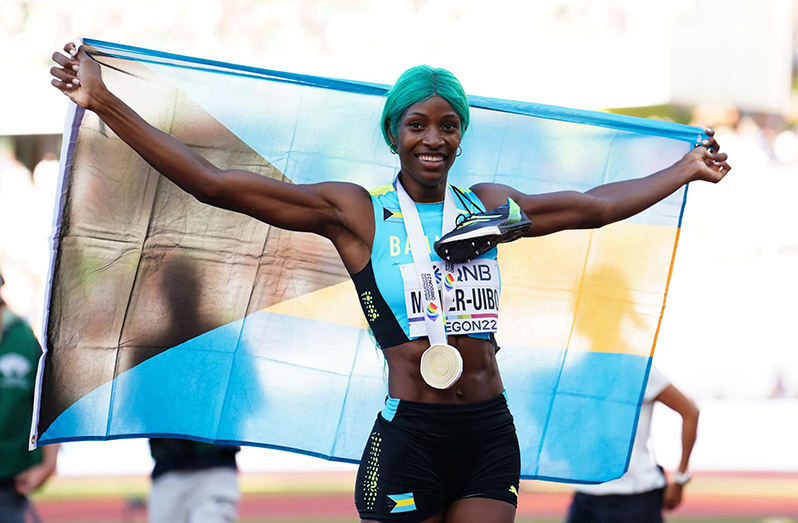 Shaunae Miller-Uibo celebrates winning the Women’s 400m final on day eight of the World Athletics Championships in Oregon. (Photo: dpa)