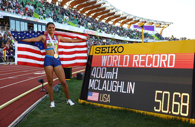 Gold medallist Sydney McLaughlin celebrates after winning the women’s 400 metres hurdles and setting a new world record (Photo: Reuters)