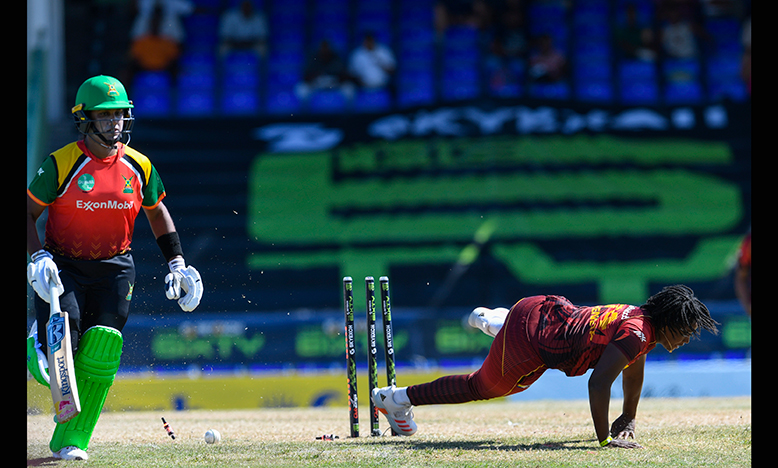 Chamari Athapaththu (L) of Guyana Amazon Warriors is run-out by Sheneta Grimmond (R) of Trinbago Knight Riders during the 2022 Hero Caribbean Premier League 6IXTY Women's Match 5 between Guyana Amazon Warriors and Trinbago Knight Riders at Warner Park Sporting Complex yesterday in Basseterre, Saint Kitts and Nevis (Photo by Randy Brooks - CPL T20/CPL T20 via Getty Images)