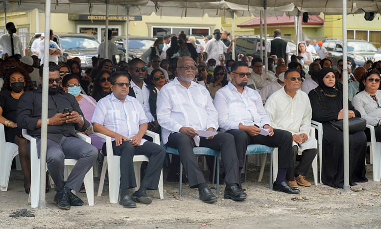 President, Dr Irfaan Ali; Prime Minister, Mark Phillips; Minister in the Office of the President with Responsibility for Finance, Dr Ashni Singh and Speaker of the National Assembly, Manzoor Nadir, among others at the funeral service for the late Bibi Shadick on Sunday (Office of the President photo)