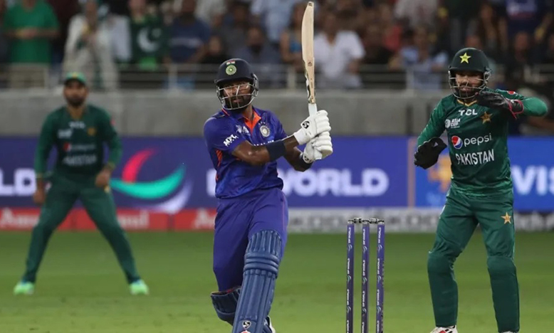 Hardik Pandya finished the match for India with a six, with two balls to go•AFP/Getty Images