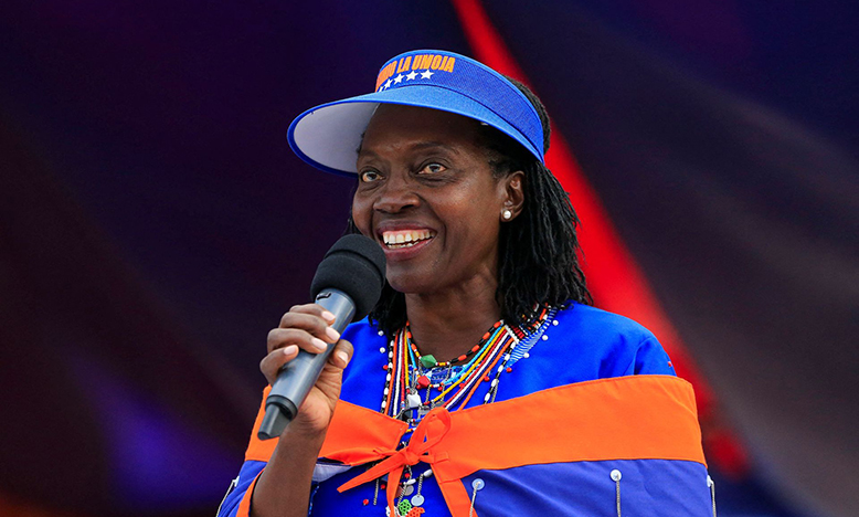 Martha Karua, the running mate to Kenya's opposition leader and presidential candidate Raila Odinga of the Azimio la Umoja (Declaration of Unity) party addresses a campaign rally ahead of the forthcoming general election in the Rift Valley town of Suswa, Narok county, Kenya July 30, 2022. REUTERS/Thomas Mukoya