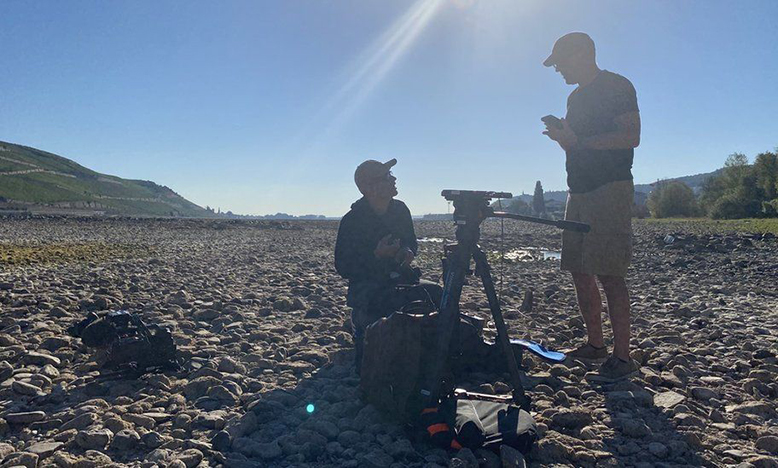 A BBC crew on the Rhine riverbed on Friday (BBC photo)