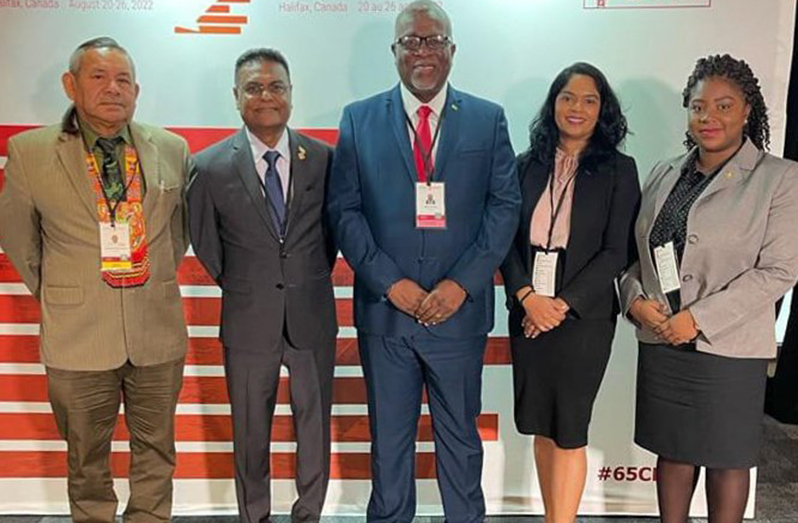 Guyana’s delegation which includes Prime Minister Mark Phillips (centre), Public Service Minister Sonia Parag (second from right), National Assembly Speaker Manzoor Nadir (second from left) (Parliament Office photo)
