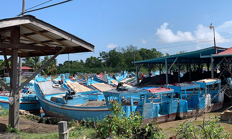 Boats moored at the Number 66 Fishery Complex in Corentyne, Berbice (Nafeeza Yahya photo)