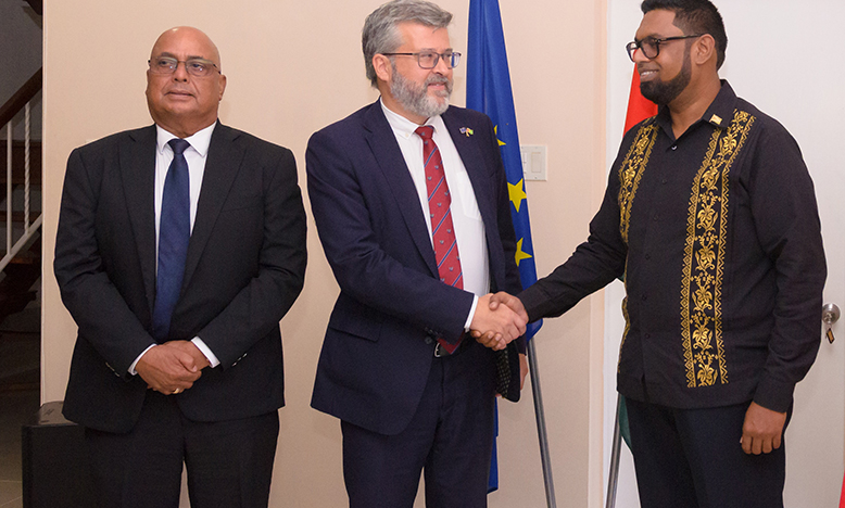 (From left) President of the Guyana Oil and Gas Energy Chamber (GOGEC), Maniram Prashad; EU Ambassador to Guyana, Fernando Ponz Canto and President, Dr. Irfaan Ali (Delano Williams photo)