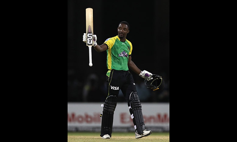 Shamarh Brooks celebrates his match-winning century which broke the hearts of the Warriors and their fans.(CPL Getty/images