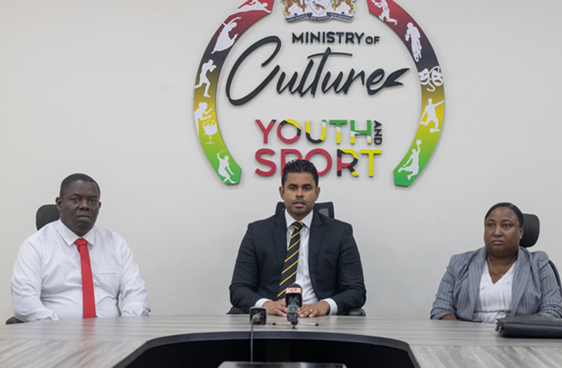 Minister of Culture, Youth and Sport, Charles Ramson, flanked by Director of Culture, Tamika Boatswain (right), and Andrew Tyndall, National Events Coordinator (left)