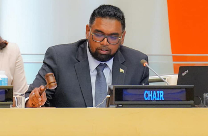 President, Dr. Irfaan Ali, chairs the Transforming Education Summit Leaders Roundtable Discussion, which is a part of the 77th United Nations General Assembly (UNGA), currently underway in New York (Office of the President photo)