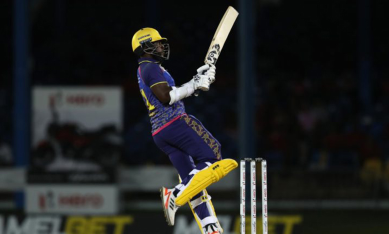 Kyle Mayers pulls during his half-century against TKR on Tuesday night. (Photo courtesy Getty/CPL)