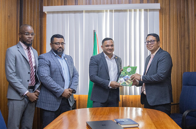 Legal Officer of the Ministry of Natural Resources Michael Monroe; Director of the Local Content Secretariat Martin Pertab; and Minister of Natural Resources Vickram Bharrat, with General-Manager of SBM Offshore Guyana, Martin Cheong