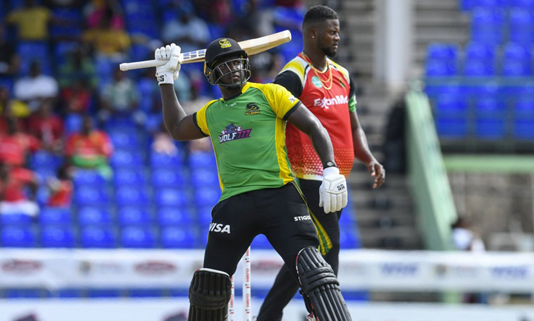 Rovman Powell celebrates Tallawahs win over Amazon Warriors yesterday. (Photo courtesy Getty/CPL)