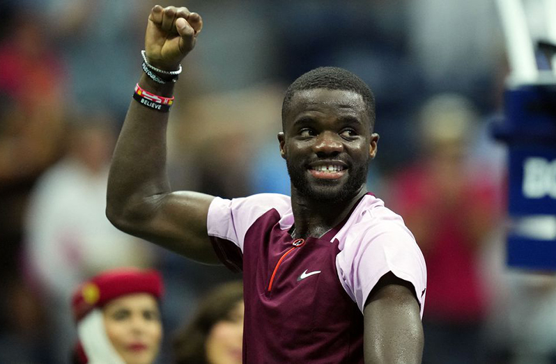 Frances Tiafoe of the United States hits to Rafael Nadal of Spain on day eight of the 2022 U.S. Open tennis tournament at USTA Billie Jean King Tennis Centre. (Mandatory Credit: Danielle Parhizkaran-USA TODAY Sports)