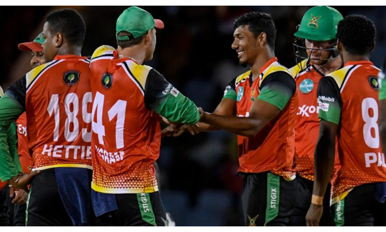 The Guyana Amazon Warriors players celebrate a wicket (Photo: CPL/Getty Images)