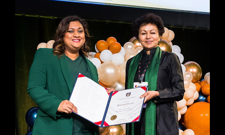 Minister of Education, Priya Manickchand being conferred with the title Honourary Fellow by President and Chief Executive Officer of the Commonwealth of Learning, Professor Asha Singh Kanwar
