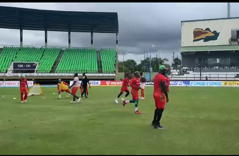 Members of the Guyana Amazon Warriors putting in some soccer during their practice session at Providence yesterday