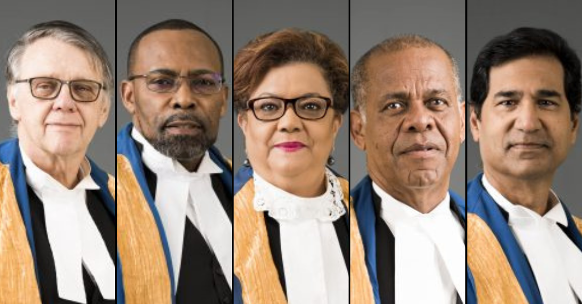 The presiding panel of justices: (from left) Justice Jacob Wit, Justice Winston Anderson, Justice Maureen Rajnauth-Lee, Justice Denys Barrow, and Justice Peter Jamadar