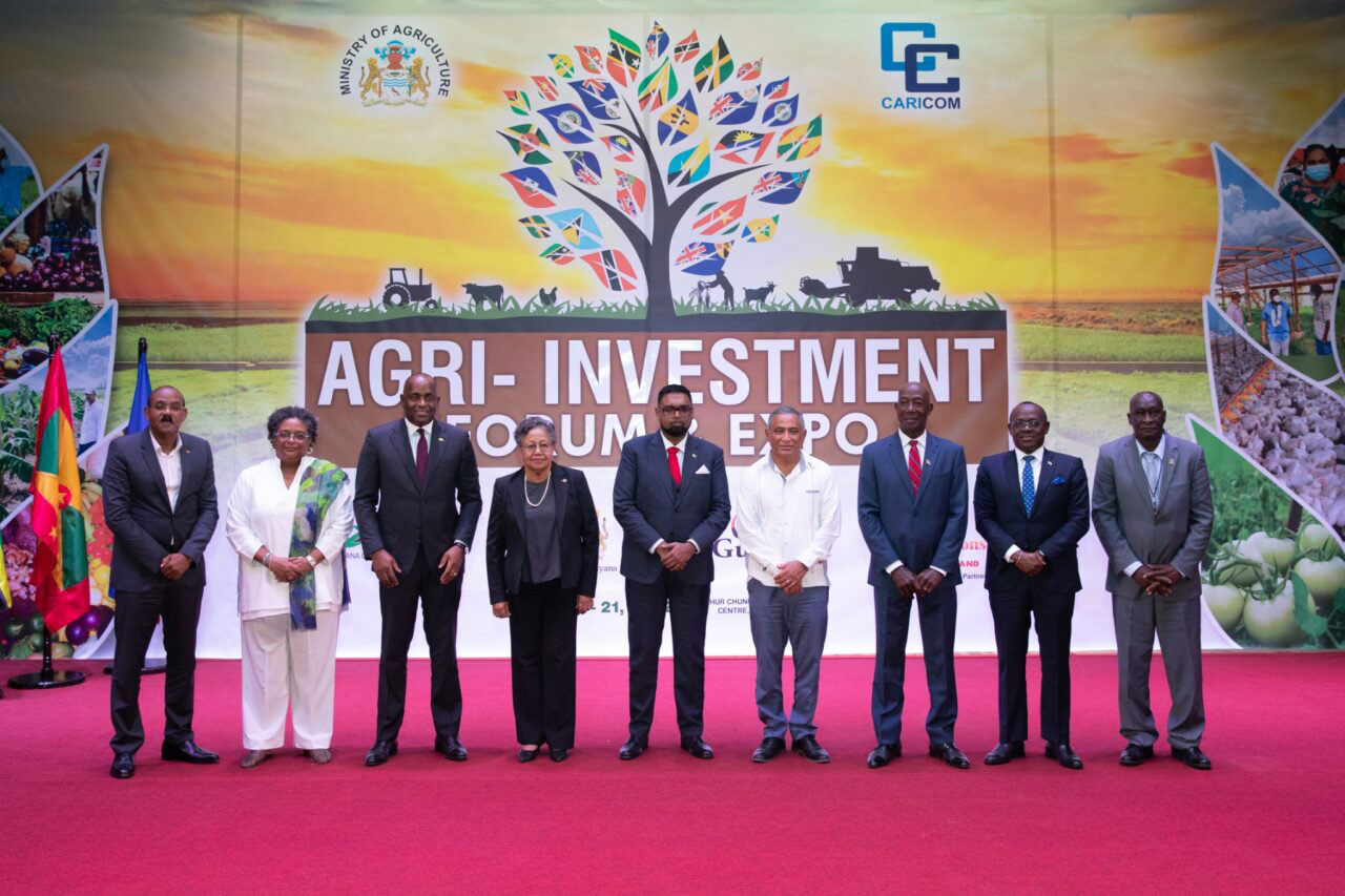 At the opening of the  inaugural Agri-Expo and Investment forum in Georgetown, Guyana, from left to right are Prime Minister of Antigua and Barbuda, Gaston Browne; Prime Minister of Barbados, Mia Mottley; Prime Minister of Dominica, Roosevelt Skerrit; CARICOM Secretary-General, Dr. Carla Barnett; President of Guyana, Dr. Mohamed Irfaan Ali; Prime Minister of Belize and Chair of CARICOM, John Briceno; Prime Minister of Trinidad and Tobago, Dr. Keith Rowley; Deputy Prime Minister of The Bahamas, Isaac Chester Cooper, and Premier of Montserrat, Joseph Farrell (DPI photo)
