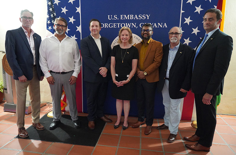 US Ambassador to Guyana, Sarah-Ann Lynch (fourth left) and Georgetown Mayor Ubraj Narine (third right) with members of the US trade delegation (US Embassy photo)