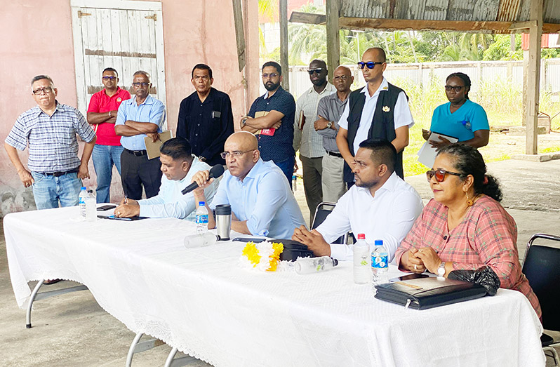 Vice-President Dr Bharrat Jagdeo (second from left) addressing fishermen at Anna Regina. Also sitting at the head table are Minister of Agriculture, Zulfikar Mustapha (left); Minister of Local Government, Nigel Dharamlall (third from left) and Chairperson of Region Two, Vilma DeSilva (right)