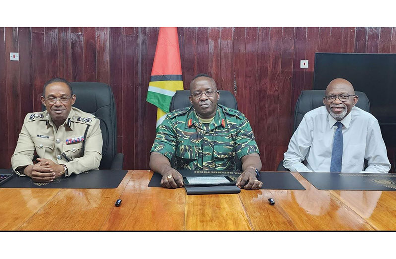 Commissioner of Police (ag), Clifton Hicken; Chief of Staff of the Guyana Defence Force, Brigadier Godfrey Bess and Public Relations Consultant, Alex Graham following the MOM committee meeting held at the GDF Base Camp Ayanganna