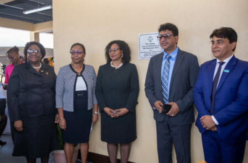 Left to right: Chief Magistrate Ann McLennan; Chief Justice (ag) Roxane George; Chancellor of the Judiciary (ag), Justice Yonette Cummings-Edwards; Attorney-General and Minister of Legal Affairs, Anil Nandlall, SC, and Country Representative (ag) for the United Nations Children’s Fund (UNICEF) Guyana and Suriname, Irfan Akhtar at the recommissioning of the court