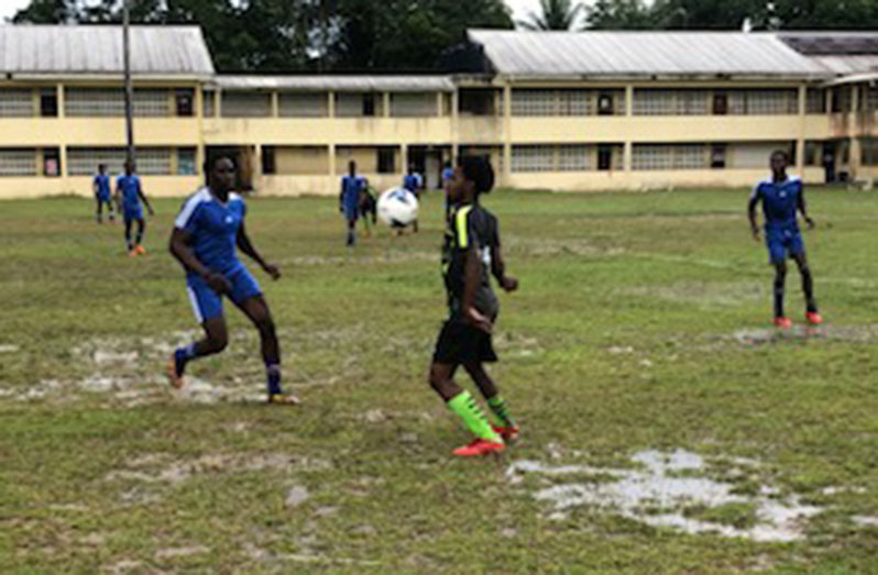 Action from Wisburg Secondary School ground: Blueberry Hill in solid blue and Block 22 in green and black.