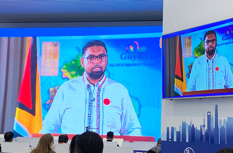 President, Dr. Irfaan Ali, delivers a virtual message at the opening of the fifth China International Import Exposition (CIIE) in Shanghai, China (Samuel Sukhnandan photo)