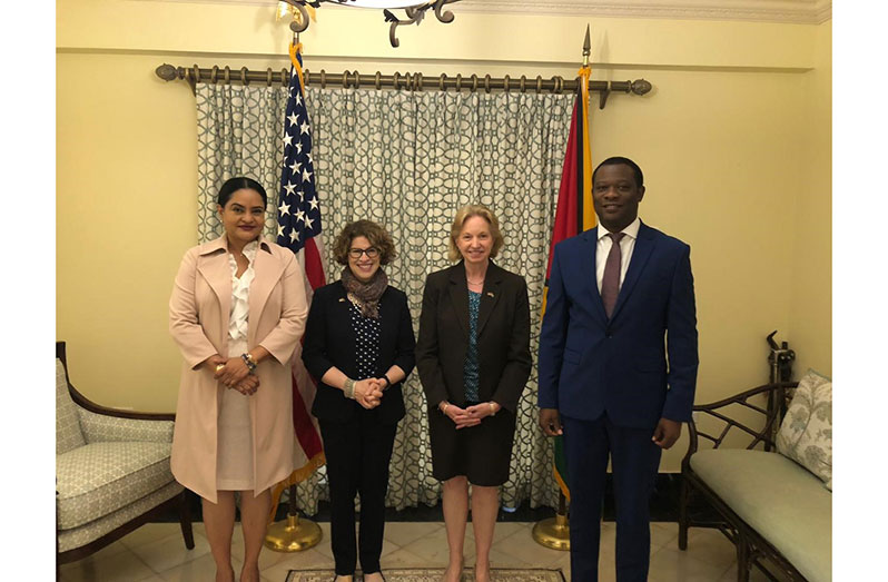 From right: Minister of Foreign Affairs, Hugh Todd; United States Ambassador to Guyana, Sarah-Ann Lynch; Assistant Secretary for Consular Affairs, Rena Bitter and Minister of Human Services and Social Security, Vindhya Persaud, after discussing visa matters and intercountry adoptions