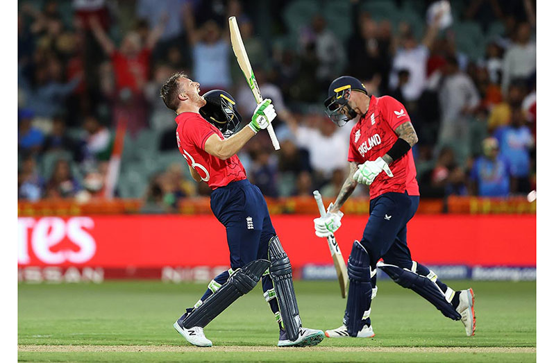 Skipper Jos Buttler celebrates the match-clinching six for England (Getty)