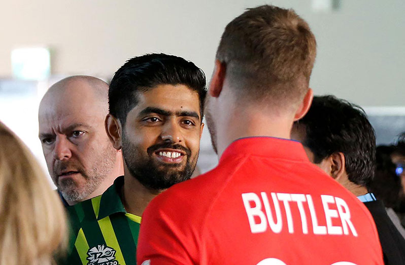 Babar Azam and Jos Buttler chat after yesterday’s media conference (Getty)