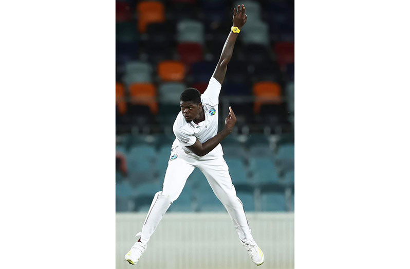 Fast bowler Alzarri Joseph sends down a delivery during his three-wicket spell yesterday (Photo courtesy CWI Media)