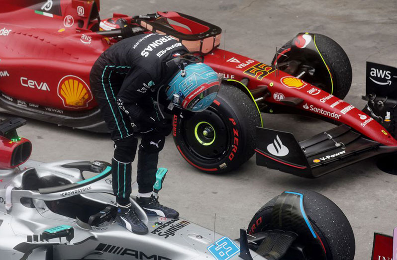 Brazilian Grand Prix – Jose Carlos Pace Circuit, Sao Paulo, Brazil -  Mercedes’ George Russell celebrates after winning the race REUTERS/Ricardo Moraes