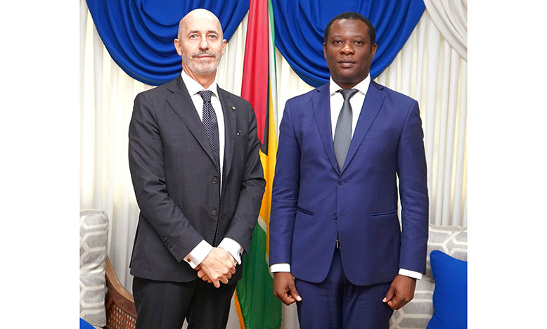 Minister of Foreign Affairs and International Cooperation, Hugh Todd (left) and Ambassador-Designate of the Republic of Italy to Guyana, Fabrizio Nicoletti