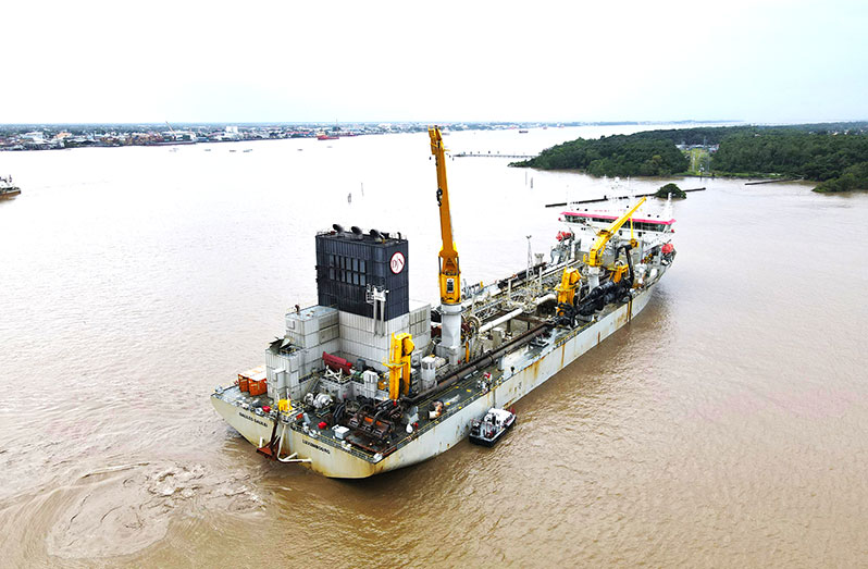 The dredger, the M.V Galileo Galilei, docked in Port Georgetown, has been deployed to the project site